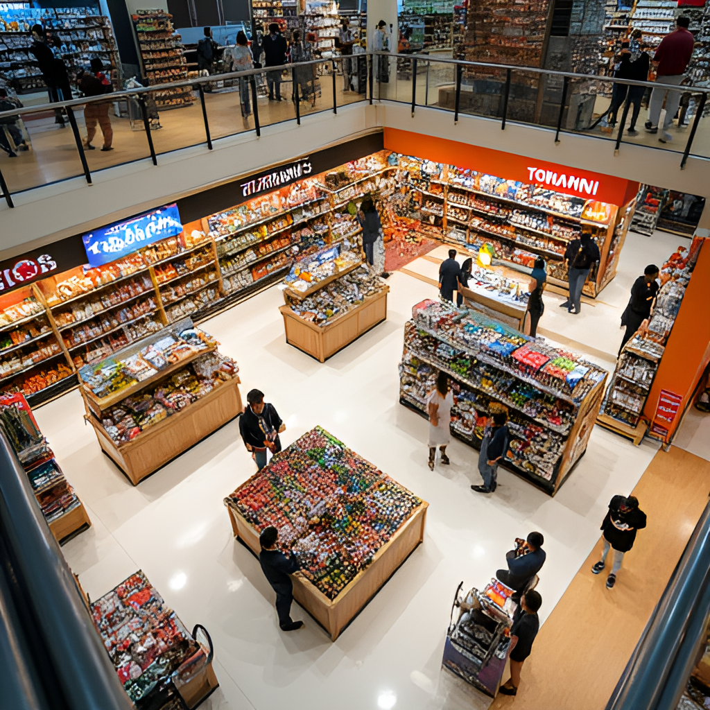 A vibrant, overhead view inside a Tokmanni store, showing diverse product sections with clear signage and customers browsing, highlighting the wide range of goods.