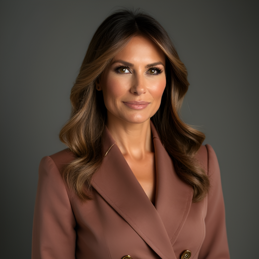 A portrait of Melania Trump in an elegant and stylish outfit, showcasing her fashion sense and poise as the First Lady. Style: professional portrait photography.