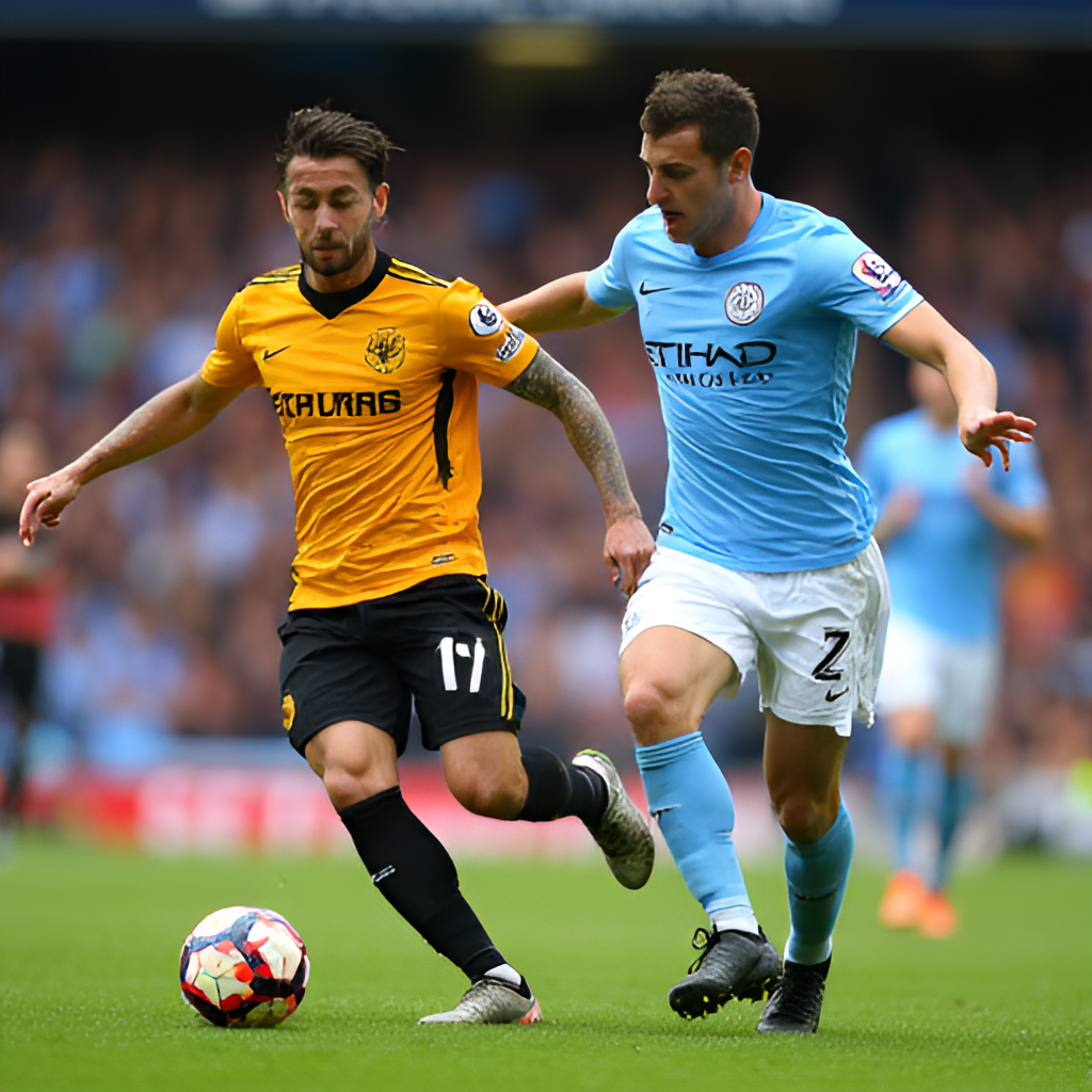 A dynamic, low-angle shot of a Wolverhampton Wanderers player dribbling the ball past a Manchester City defender during a game, highlighting the intensity of the match.