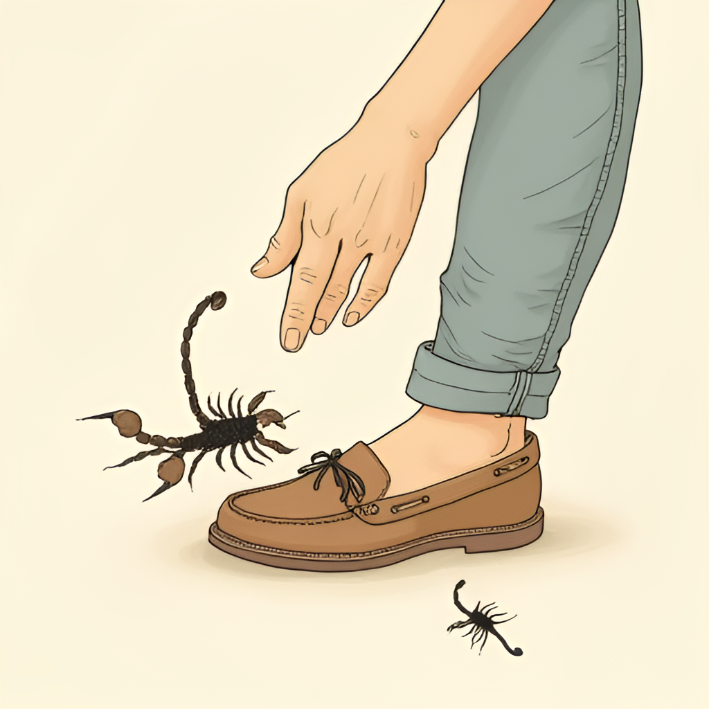 An illustration showing a person shaking out a shoe before putting it on, as a scorpion is depicted crawling out, emphasizing a safety tip for avoiding scorpion stings in tropical regions