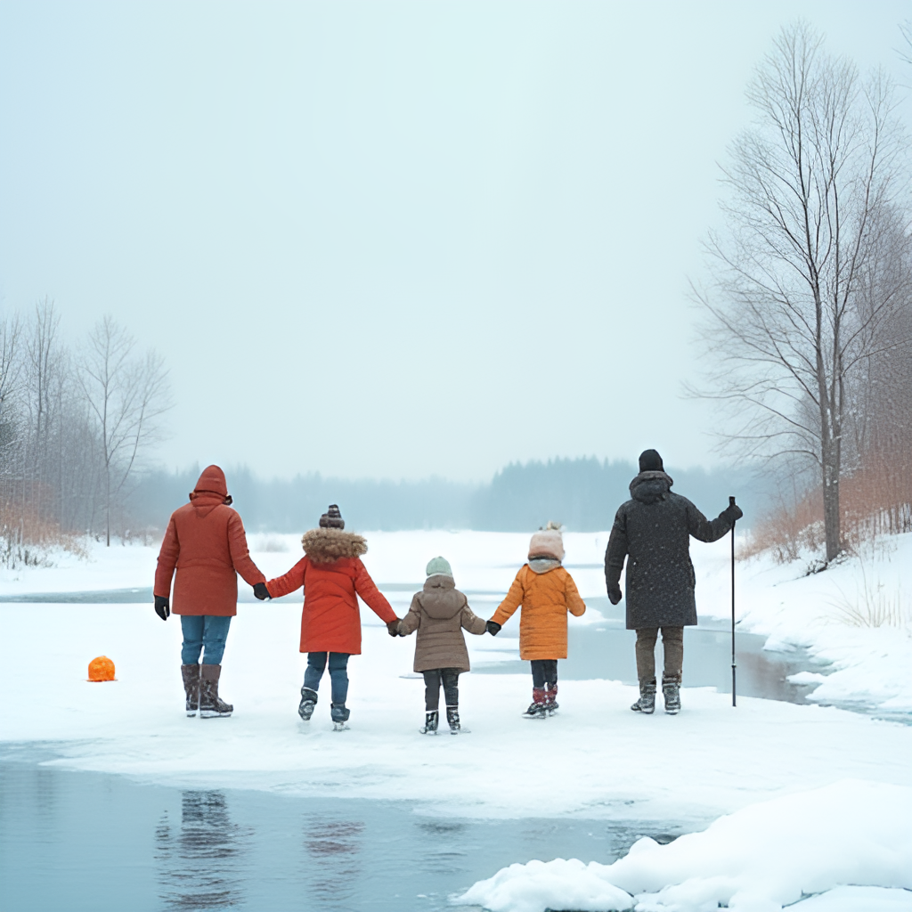 A heartwarming scene depicting a group of people, young and old, enjoying various winter activities on a frozen lake – some ice skating, others ice fishing, and a few walking, emphasizing the role of ice in Finnish life and leisure