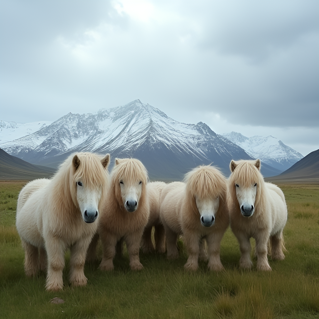 A herd of fluffy Icelandic horses with shaggy manes standing in a vast, green meadow with a backdrop of snow-capped mountains under a dramatic sky.