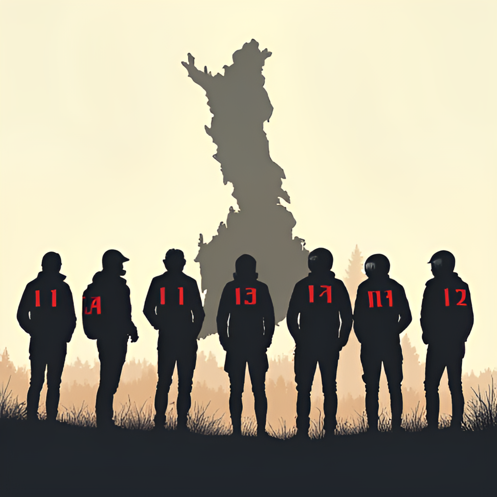 An illustration depicting stylized silhouettes of figures in motorcycle vests standing in a group, with a backdrop that suggests a map of Finland.
