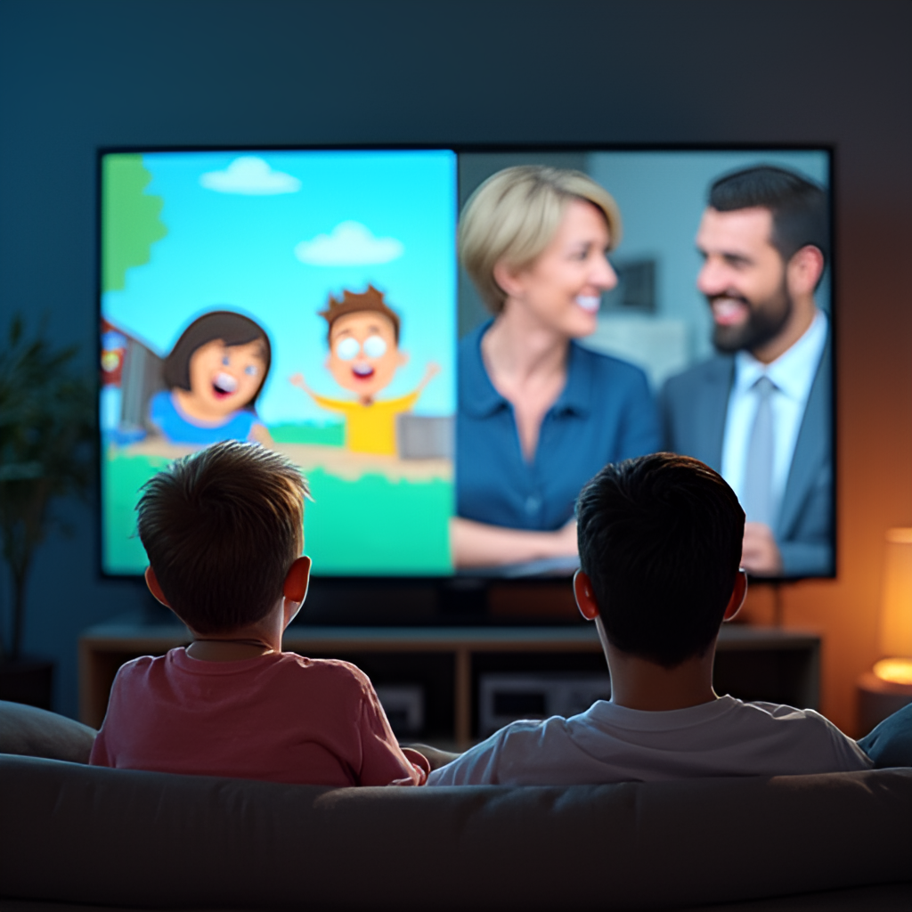 A split image or collage showing a child watching an educational or animated TV program on one side and a parent or adult watching news or a drama series on the other side, illustrating the variety of content and audience segments.