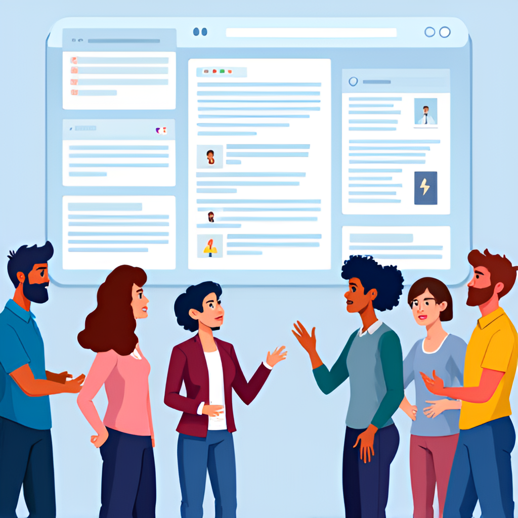 An illustration of a diverse group of people interacting and discussing within a digital forum interface, representing the Inderes community and the exchange of ideas among investors.