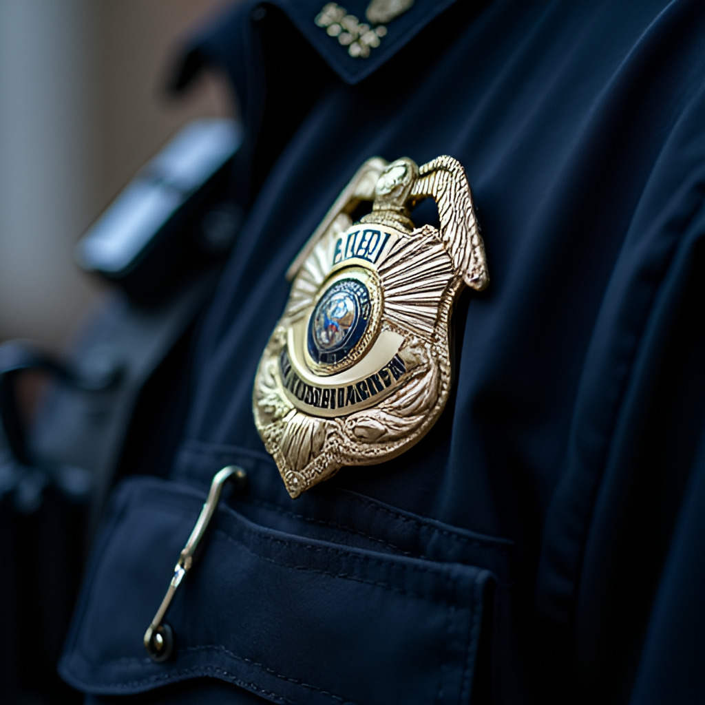 A close-up shot of a police officer's badge and tactical gear, symbolizing law enforcement and security.