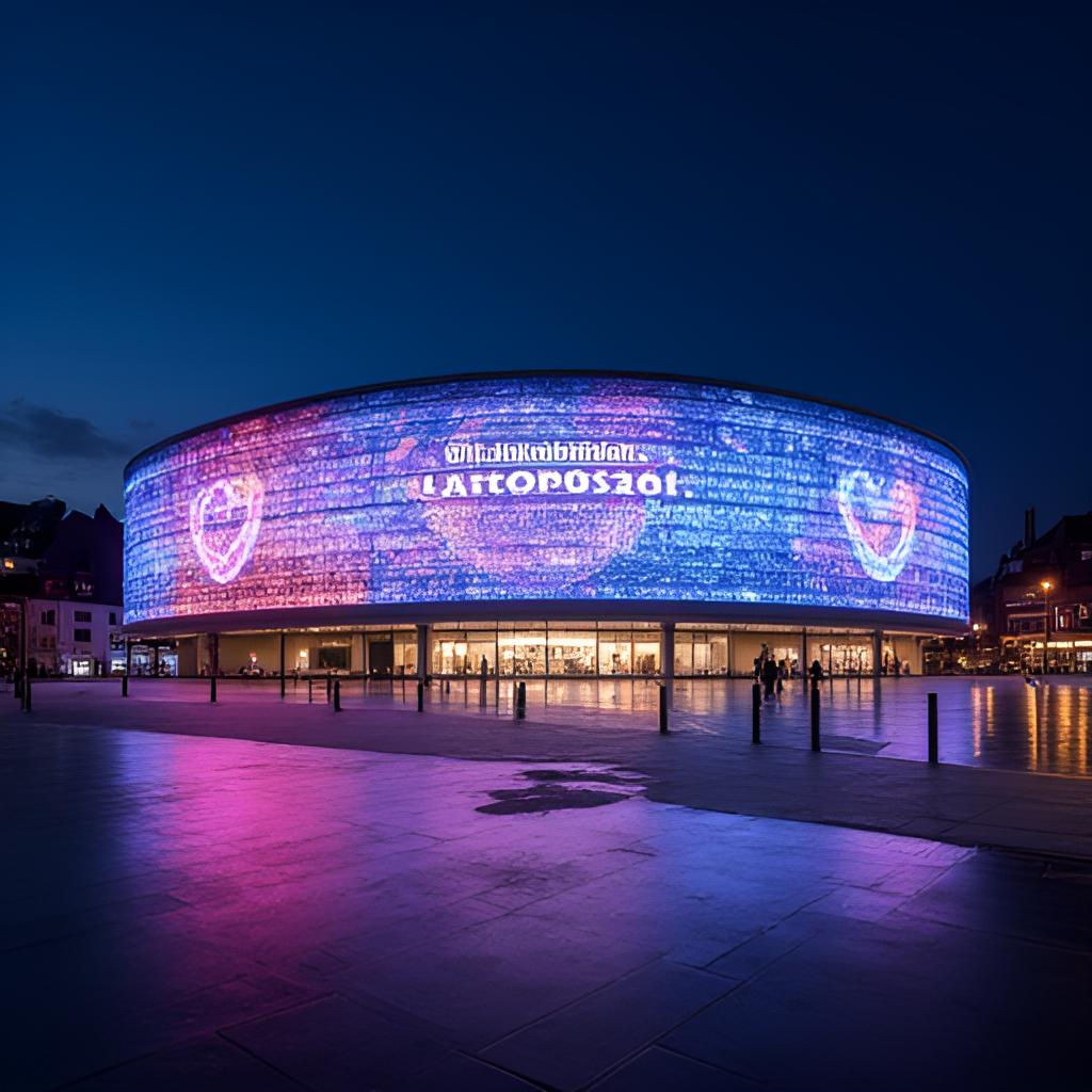 A wide shot of the St. Jakobshalle arena in Basel, Switzerland, illuminated at night, with the Eurovision 2025 logo digitally overlaid