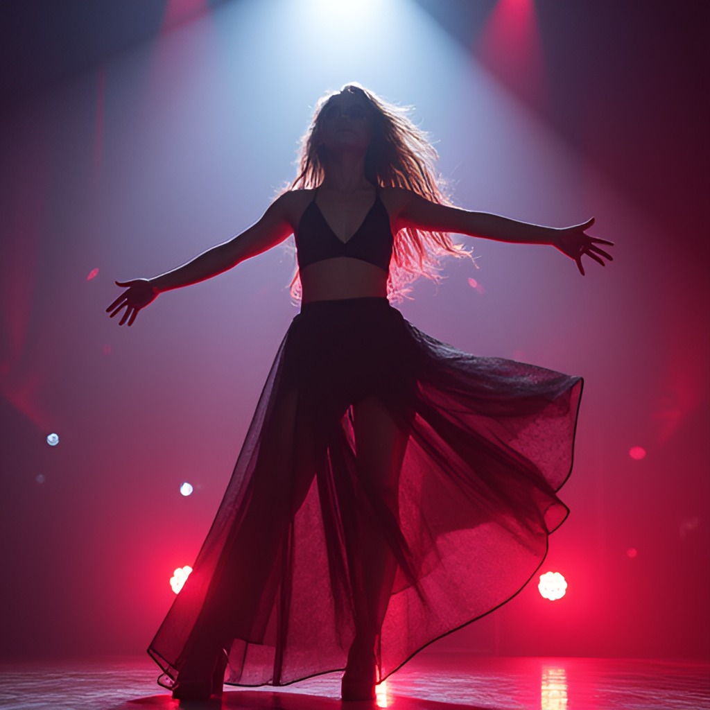 A dynamic stage photo of Erika Vikman performing at the UMK 2025 final, with dramatic lighting and energetic pose