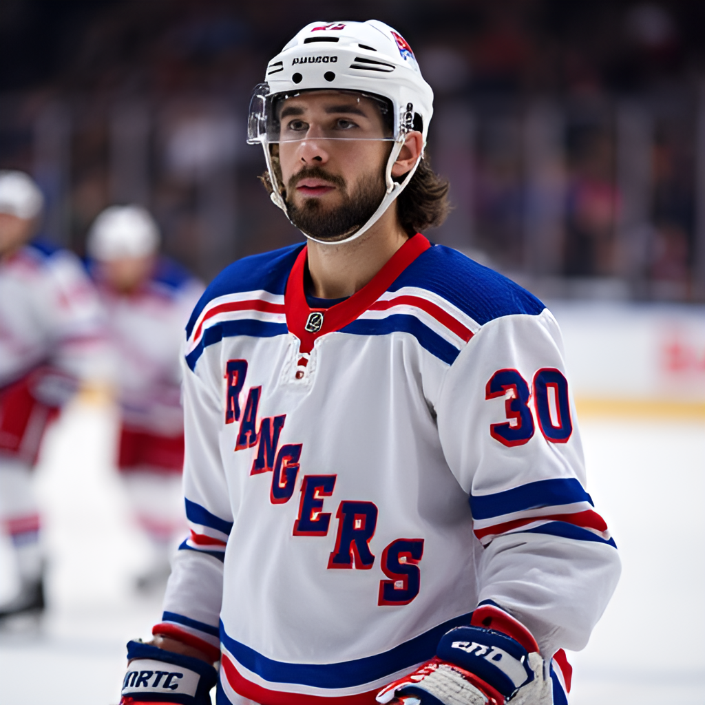 A portrait-style image of Mika Zibanejad looking focused and determined, wearing his New York Rangers jersey during a game, emphasizing his leadership presence