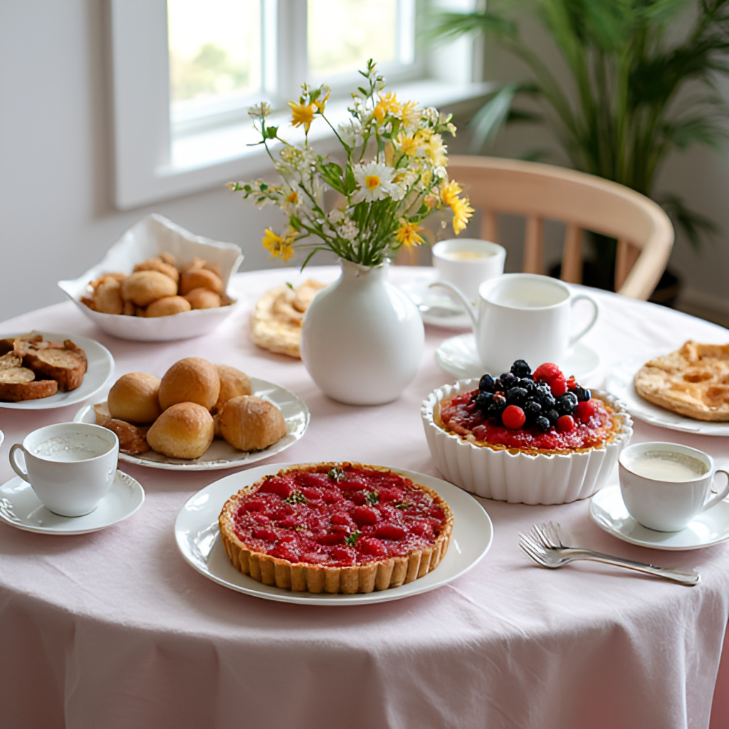 A vibrant photograph of a beautifully set table for a Mother's Day brunch, featuring various Finnish breakfast and brunch dishes like Karelian pies, fresh berries, pastries, and coffee, with soft natural light from a window.