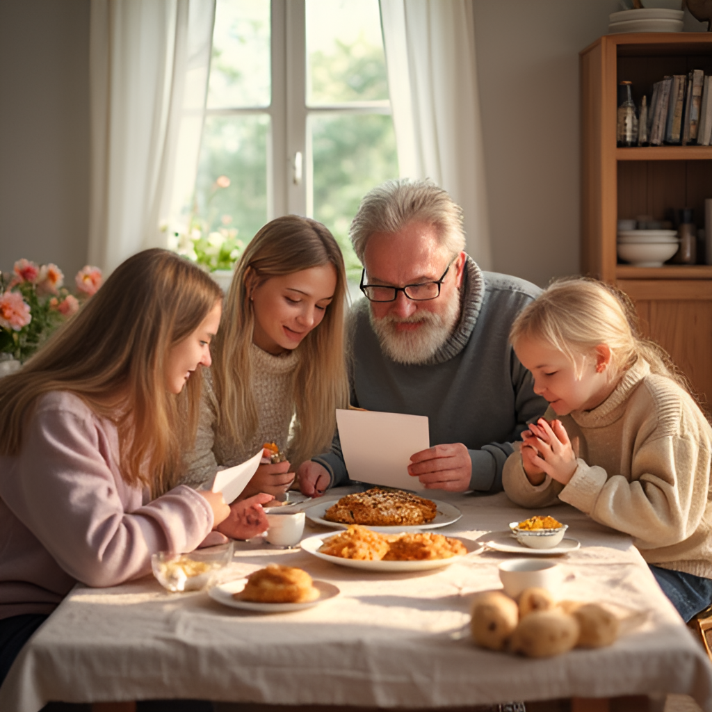 A cozy scene of a Finnish family gathered around a table, enjoying breakfast with flowers and handmade cards for their mother on Mother's Day. The atmosphere is warm and loving, captured in a realistic style.