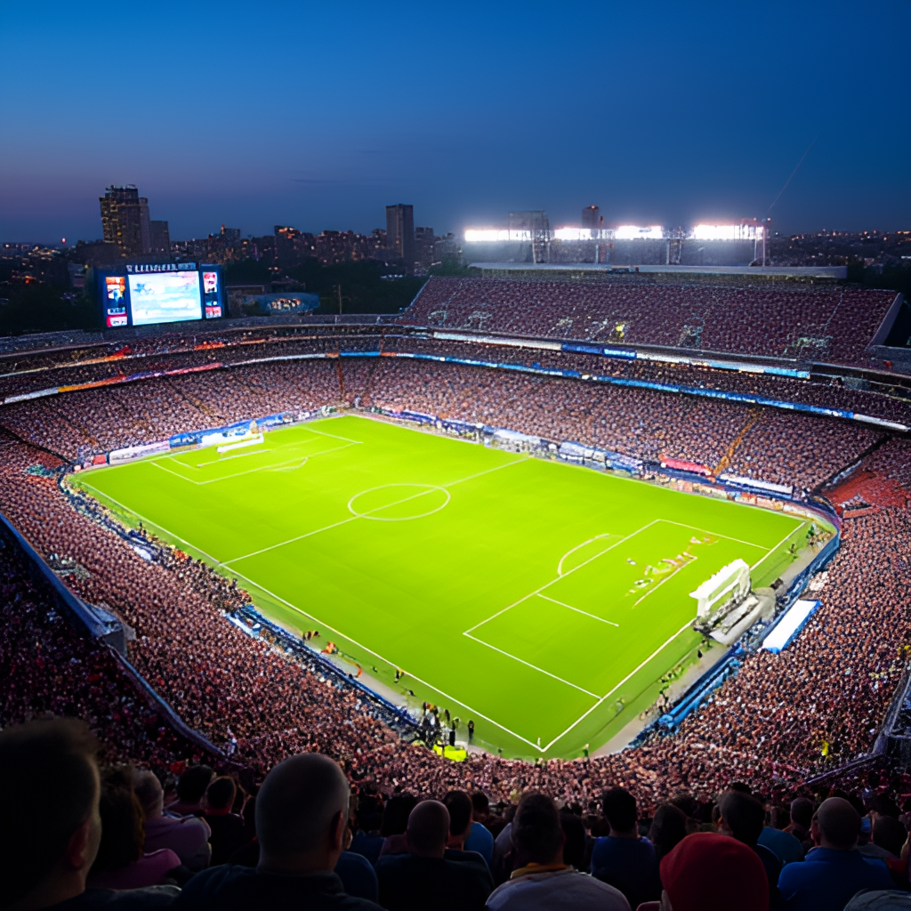 An aerial view of PayPal Park stadium during a vibrant MLS match, showing the packed stands, the illuminated field, and the San Jose skyline in the distance, in a high-angle, wide-shot photographic style.