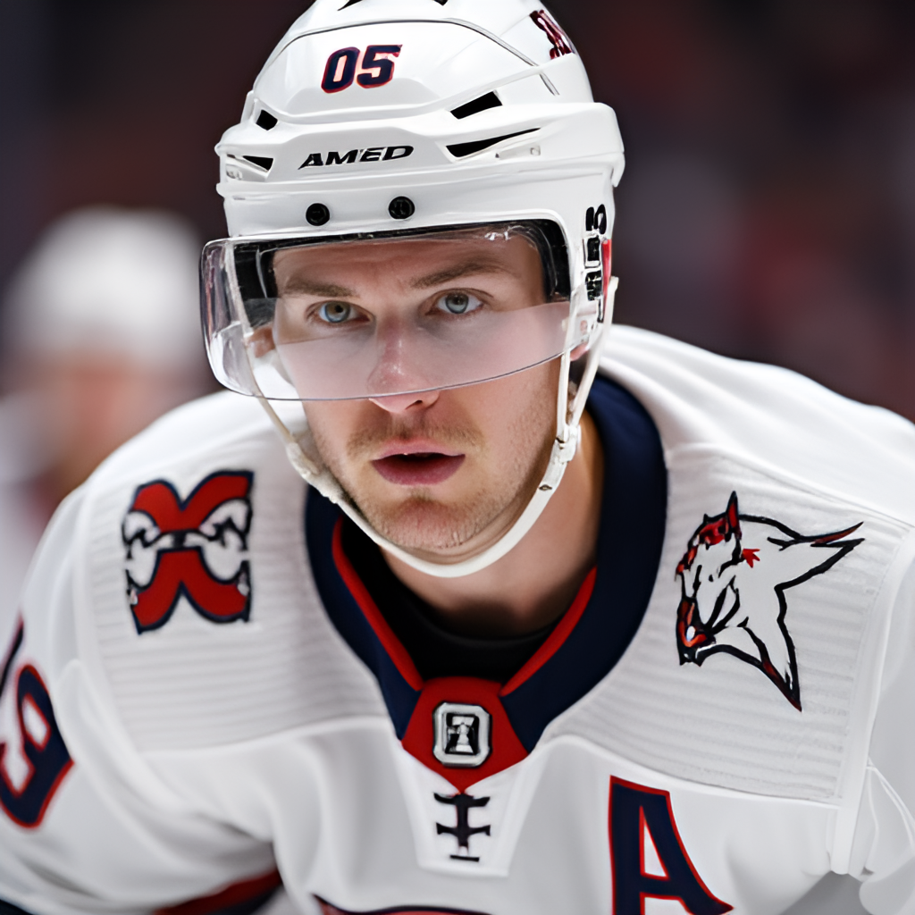 A close-up portrait of Kasperi Kapanen in his hockey gear, looking focused and determined, possibly during a break in play or after scoring a goal.