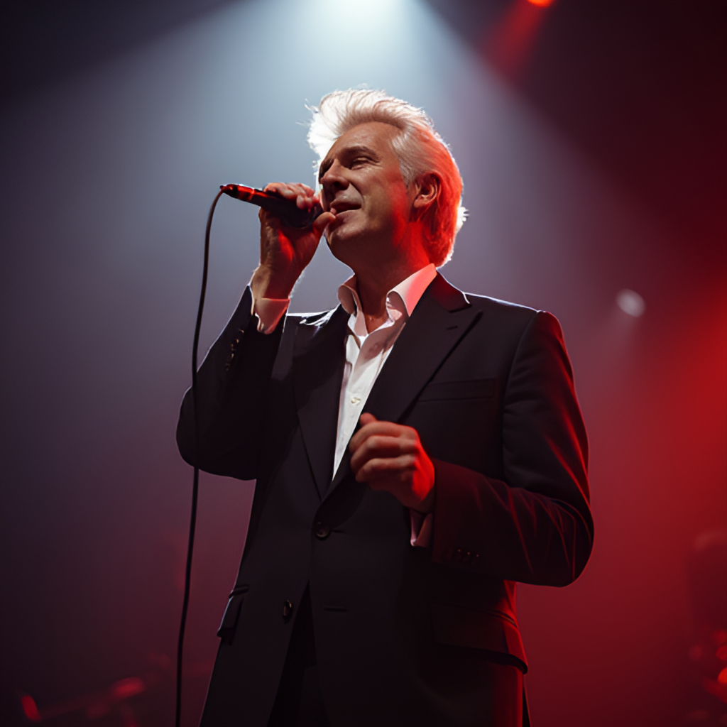 Johnny Logan on stage performing 'Hold Me Now' in 1987, bathed in dramatic lighting, conveying the emotion of the song