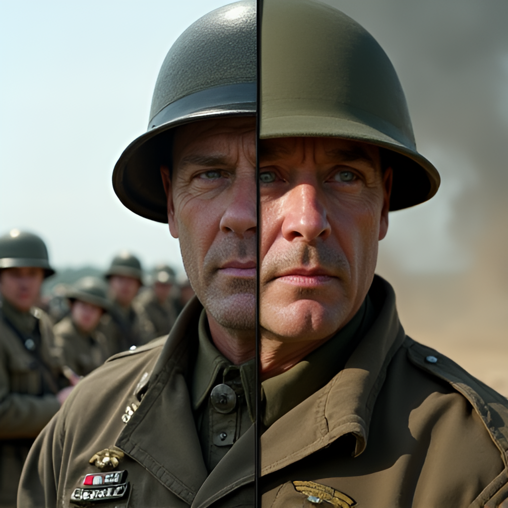 A split image showing two sides of General Patton: one as a determined military leader on the battlefield and another portraying his more introspective or controversial moments from the film.