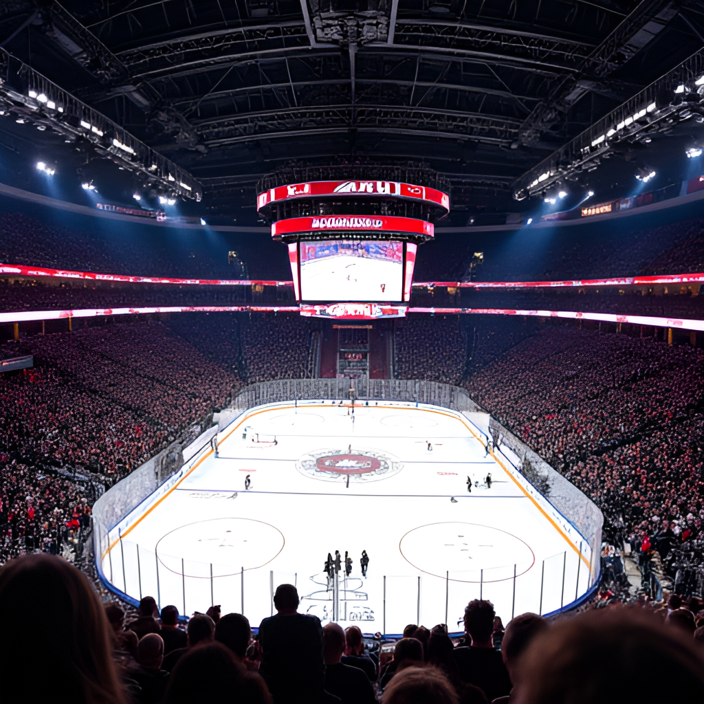 A wide shot of a packed NHL arena during a game, showcasing the vibrant atmosphere, the ice rink, and the enthusiastic crowd.