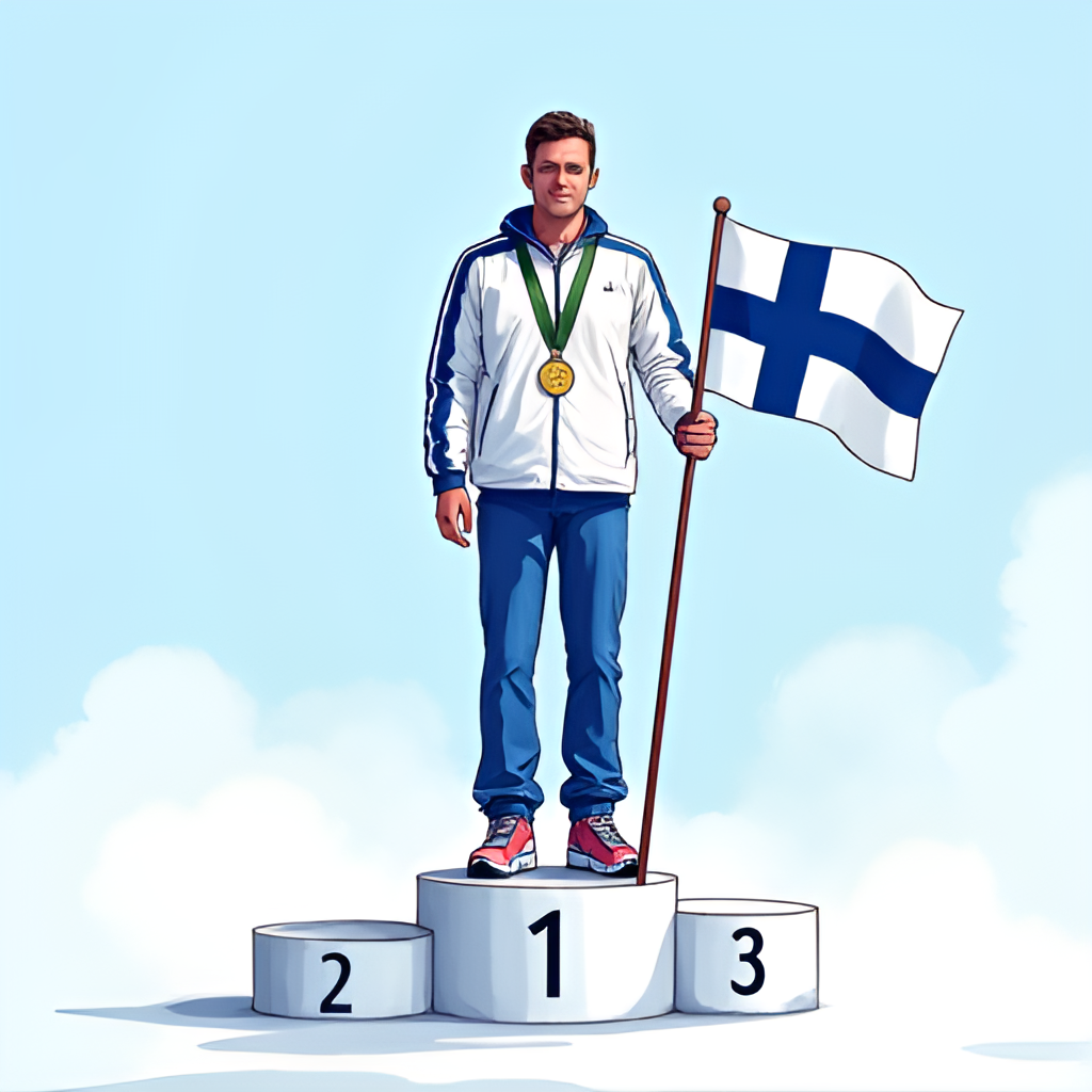 A stylized illustration depicting Antti Hyvärinen standing proudly on an Olympic podium with a gold medal, with a Finnish flag subtly in the background, representing his historic victory.