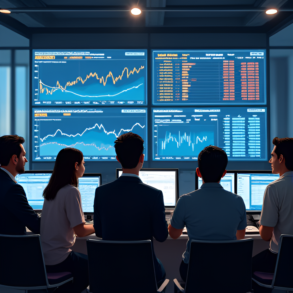 A photograph of a diverse group of people looking at stock market data on screens in a modern office environment, symbolizing investing in global markets like the S&P 500.