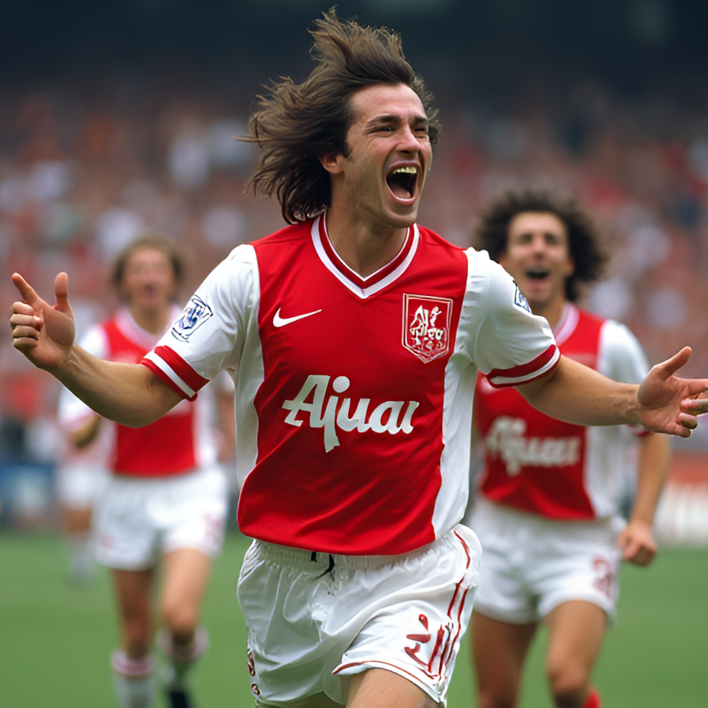 A vibrant photo of Jari Litmanen celebrating a goal in an Ajax kit during the mid-1990s, surrounded by cheering teammates and ecstatic fans in the background, capturing the energy of the moment.
