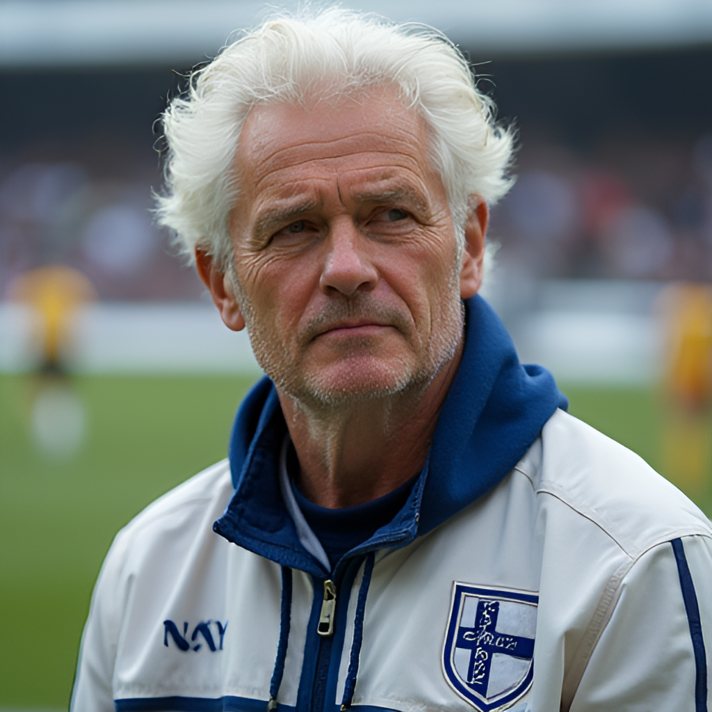 A thoughtful portrait of Jari Litmanen in later years, perhaps wearing a Finnish national team jacket or standing by a football pitch, with a wise and calm expression, reflecting on his career.