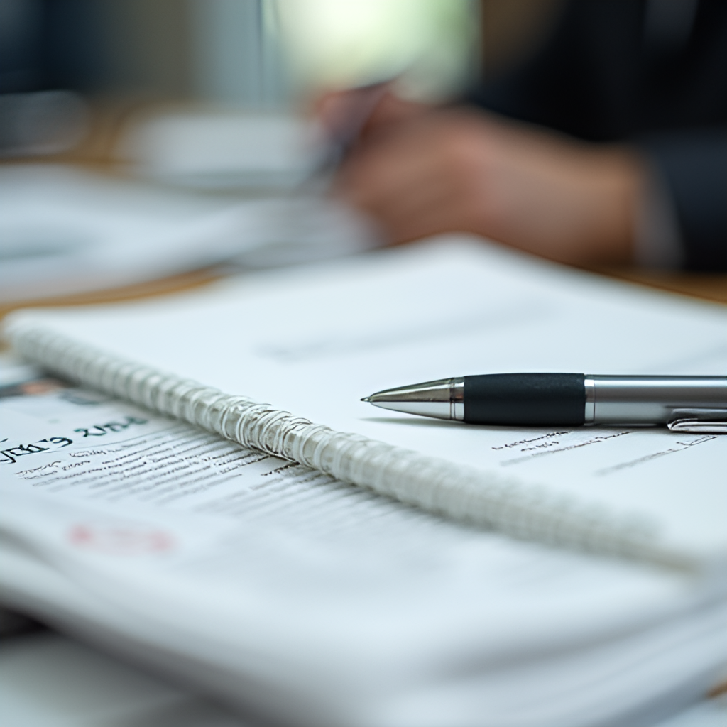 A close-up shot of a journalist's notebook and pen on a desk, with blurred newspaper headlines (suggesting local news) in the background, conveying focus on quality journalism.