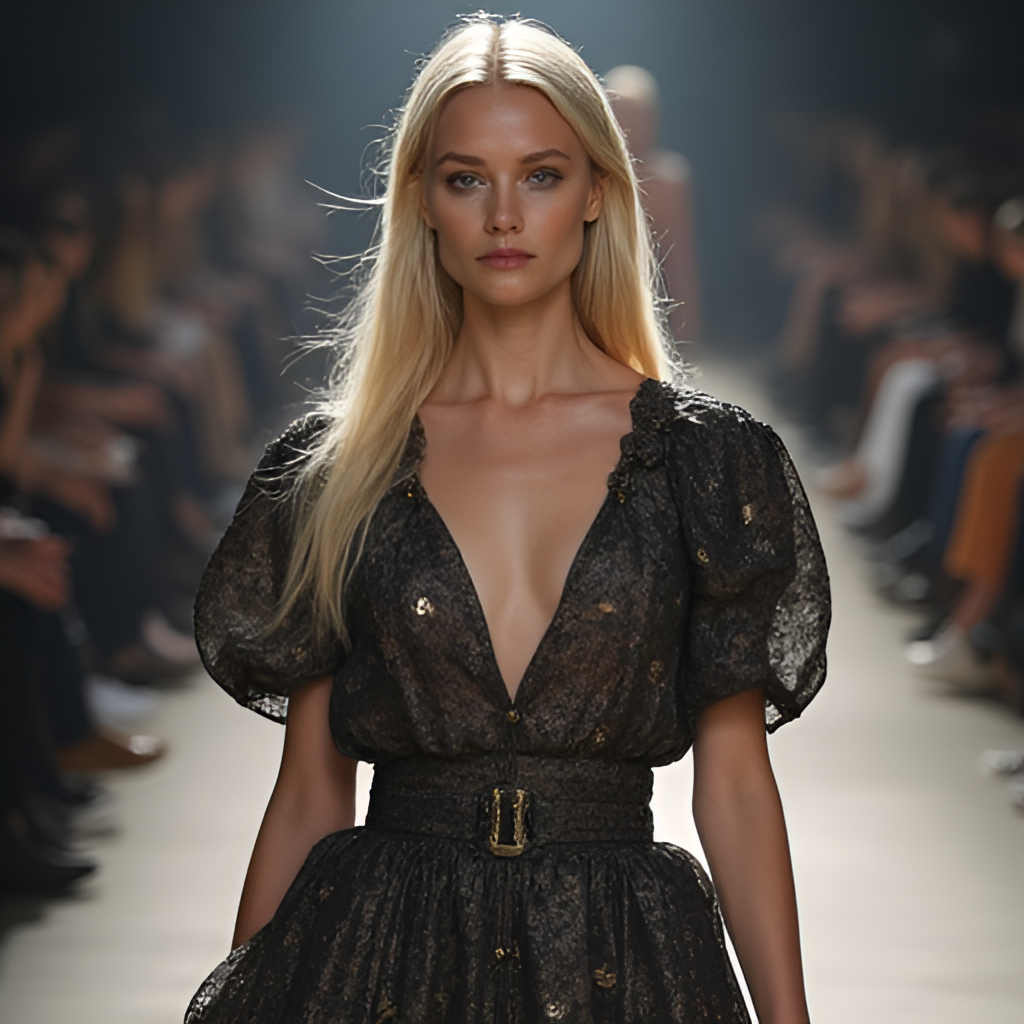 An image capturing Minttu Vesala's unique presence, possibly referencing her work as a Balenciaga model or her involvement in a fashion show, conveying her distinctive style.