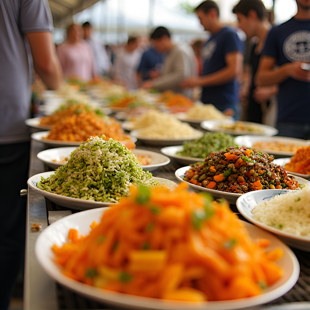 A close-up photo of a food stall at the World Village Festival, showcasing a variety of colorful vegetarian dishes from different parts of the world, with people queuing in the background.