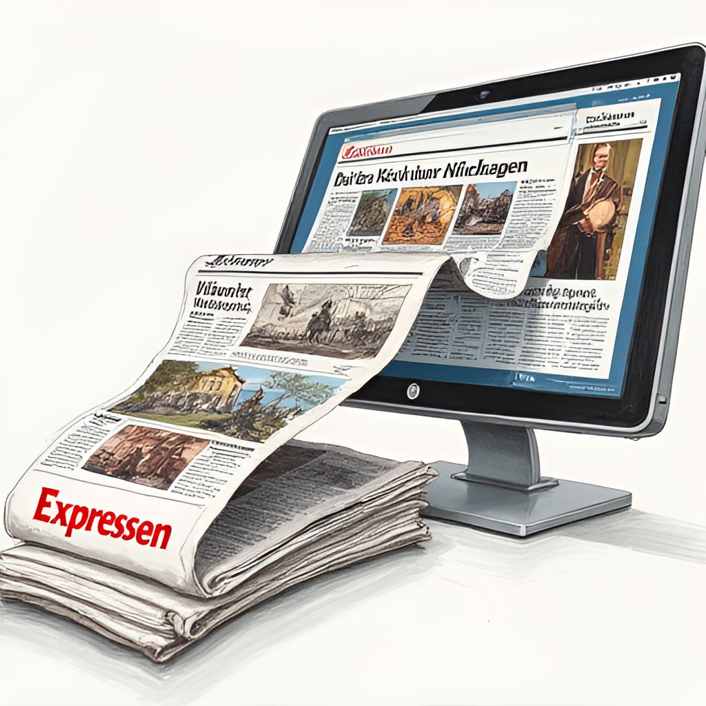An illustration depicting the evolution of newspapers from traditional print to digital platforms, with a stylized representation of the Expressen logo transitioning from paper to a screen, set against a background showing historical Swedish media scenes