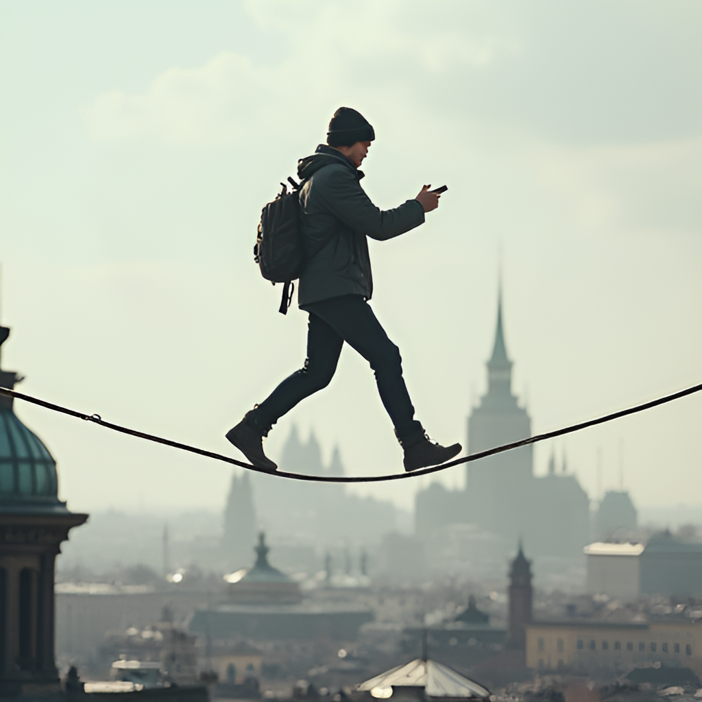 A visual metaphor showing a tightrope walker balancing between serious journalism and sensationalism, representing the typical challenges faced by tabloid newspapers like Expressen, with city skyline (Stockholm) in the background