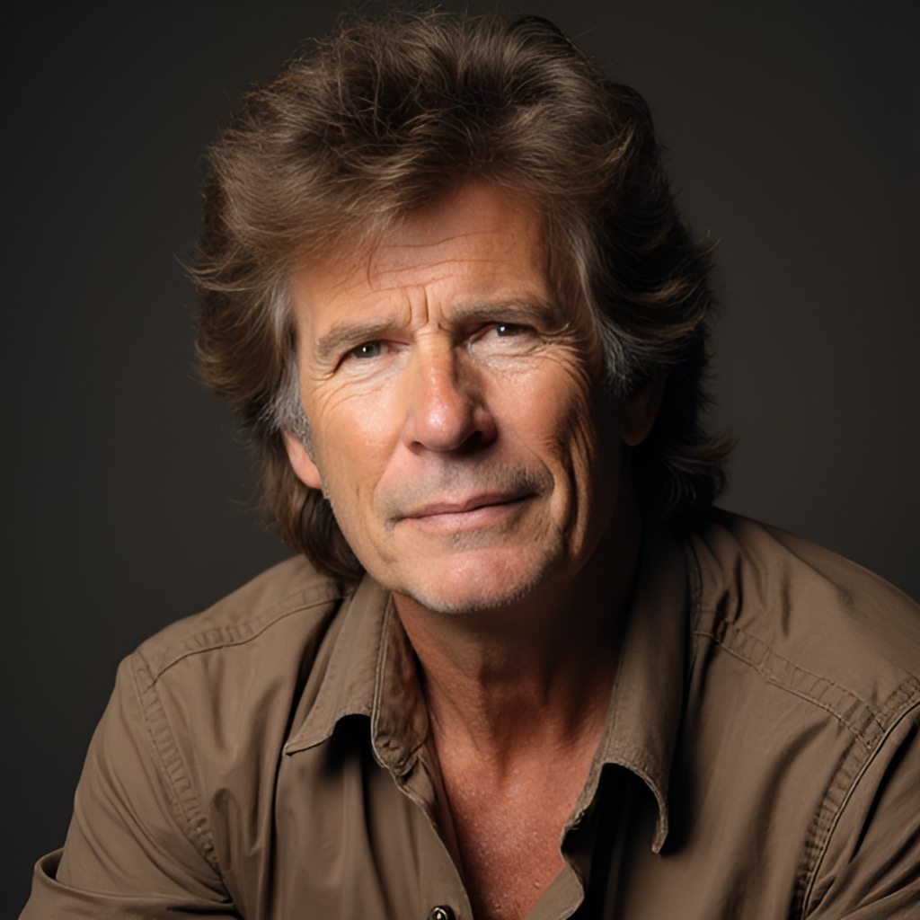 A portrait of John Fogerty from his solo career era, perhaps reminiscent of an album cover, showing his characteristic look and conveying a sense of resilience and artistic independence.