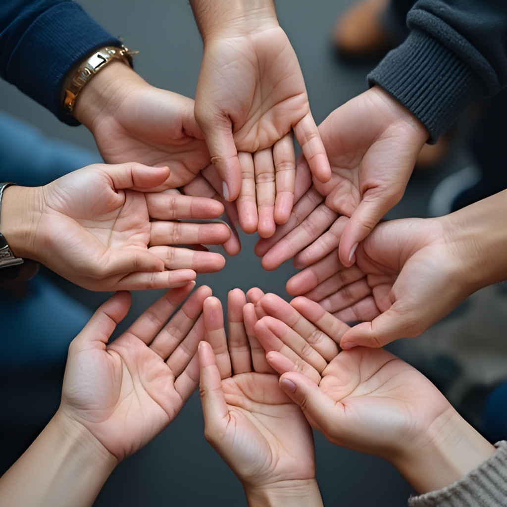 A symbolic image showing hands from different people (representing community members, police, volunteers) reaching out or joined together, illustrating community support and joint effort in a missing person case. The background could subtly hint at the Tornio area.