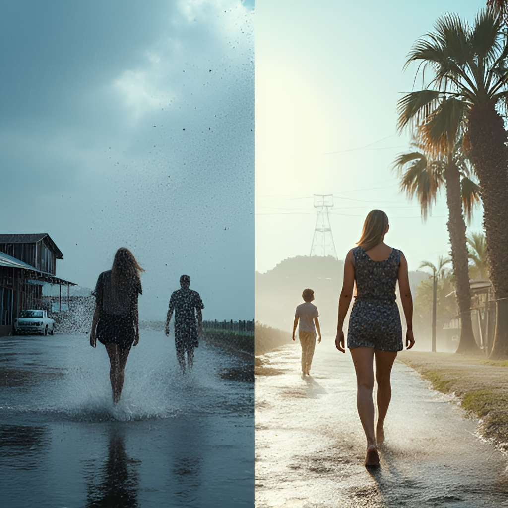 A split image or collage showing contrasting weather effects: on one side, people struggling against a strong wind and heavy rain; on the other side, people enjoying a calm, sunny day outdoors.