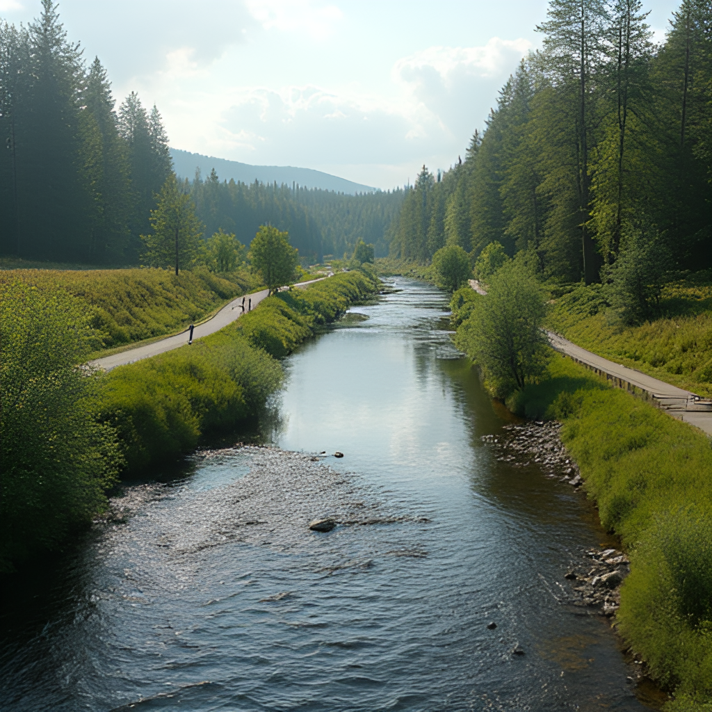 A photorealistic image of the Paimio River flowing through a scenic Finnish countryside landscape with walking paths and trees along the banks, conveying tranquility and nature exploration.