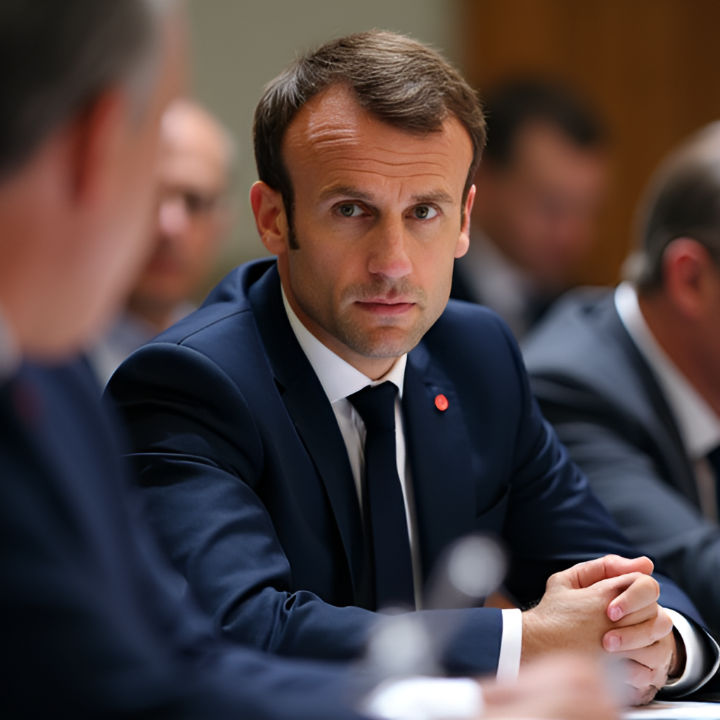 Emmanuel Macron at an international summit, perhaps an EU meeting or G7, engaged in discussion with other world leaders, highlighting his role in European and global politics, formal and professional style.