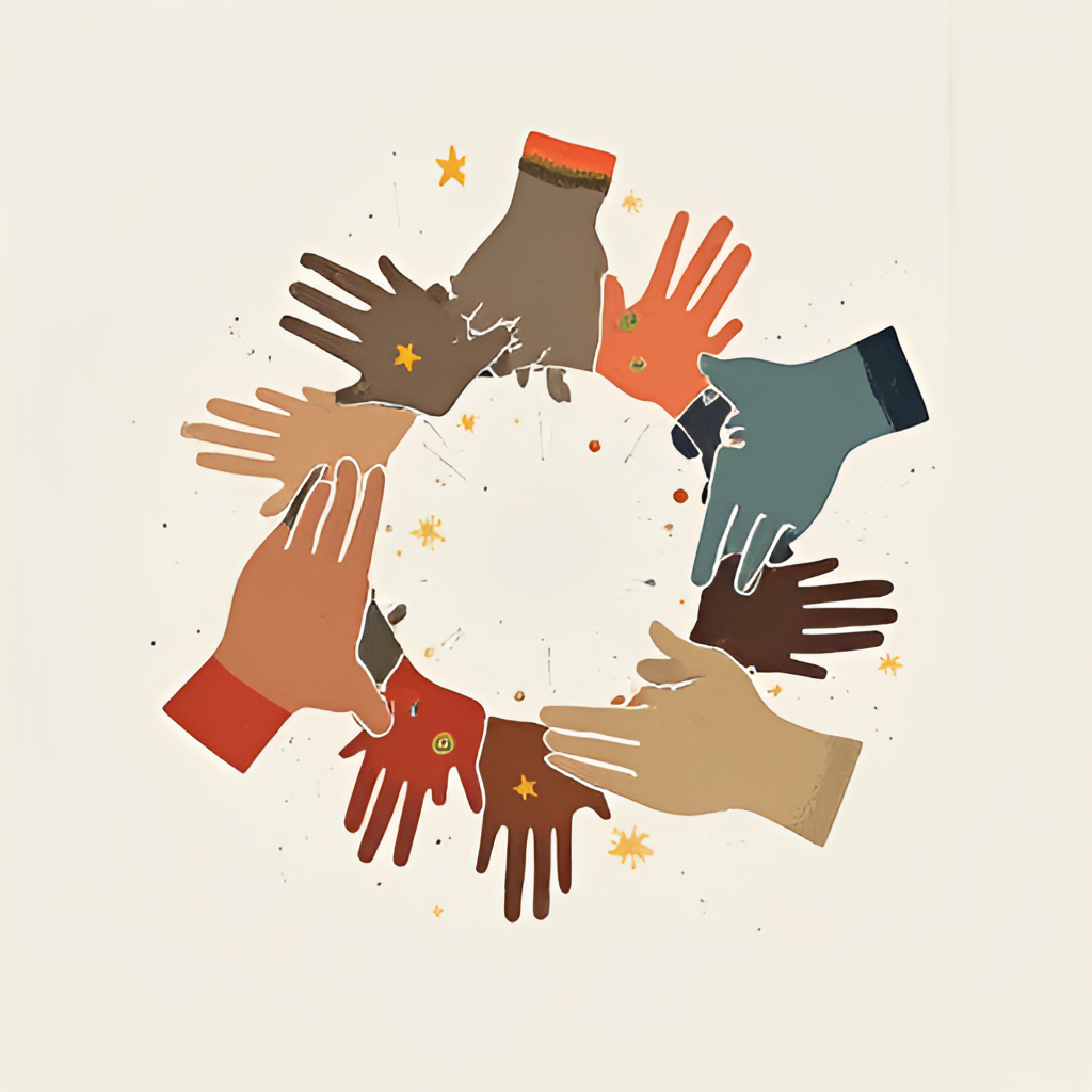 An abstract, slightly blurred image representing community resilience or safety efforts in a city, perhaps showing diverse hands joined together or a stylized map of Kotka with protective symbols. Style: modern, slightly symbolic illustration.