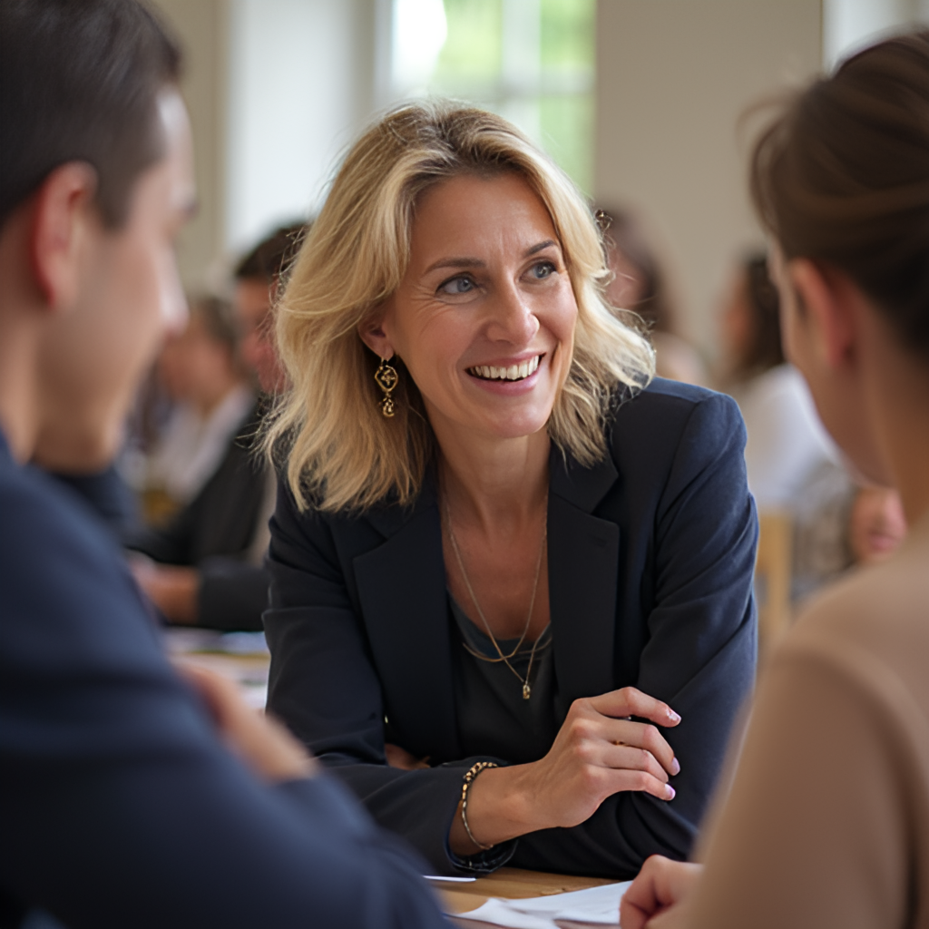A candid or posed photo of Brigitte Macron interacting with people during a visit related to education, health, or charity work, showing her engaging with others in a positive setting. Style: warm, empathetic, documentary-like.