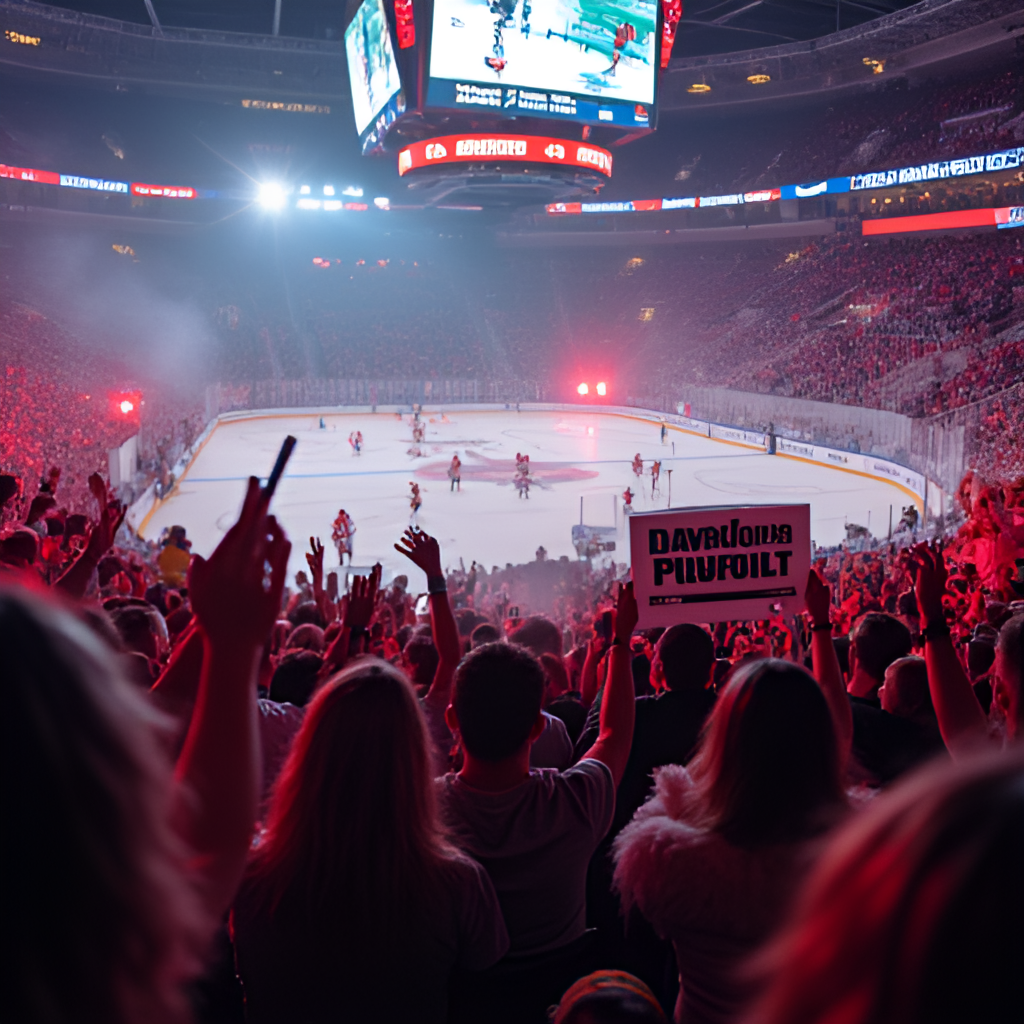 Image capturing the atmosphere of an NHL playoff crowd, showing enthusiastic fans cheering with team colors and signs, conveying excitement and passion