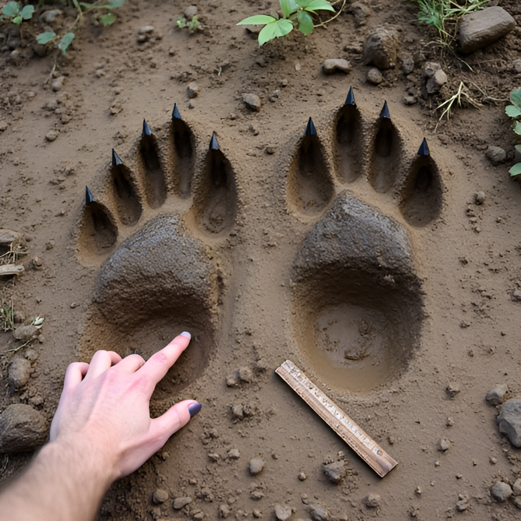 A photographic image showing large brown bear paw prints clearly visible in muddy forest ground, with a ruler or hand nearby for scale, emphasizing the size of the tracks.