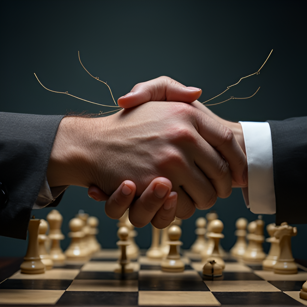 A photorealistic image showing two hands clasped over a chessboard, with a subtle overlay of abstract lines representing strategic interactions, illustrating the concept of Nash equilibrium in game theory applications.
