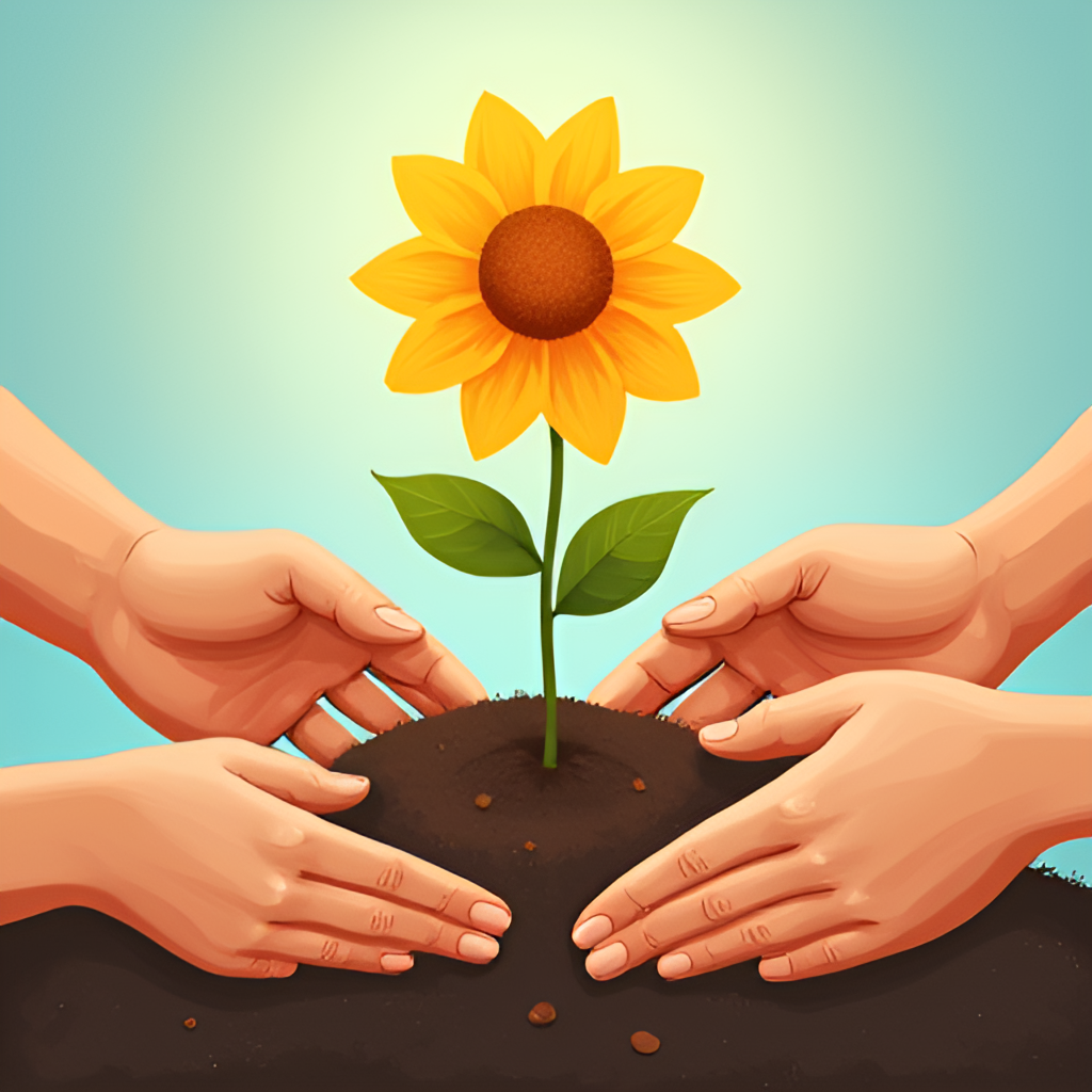 An illustrative image showing hands planting a small seed that is beginning to sprout into a vibrant flower, with other supporting hands around it, representing the Xana Foundation and hope.