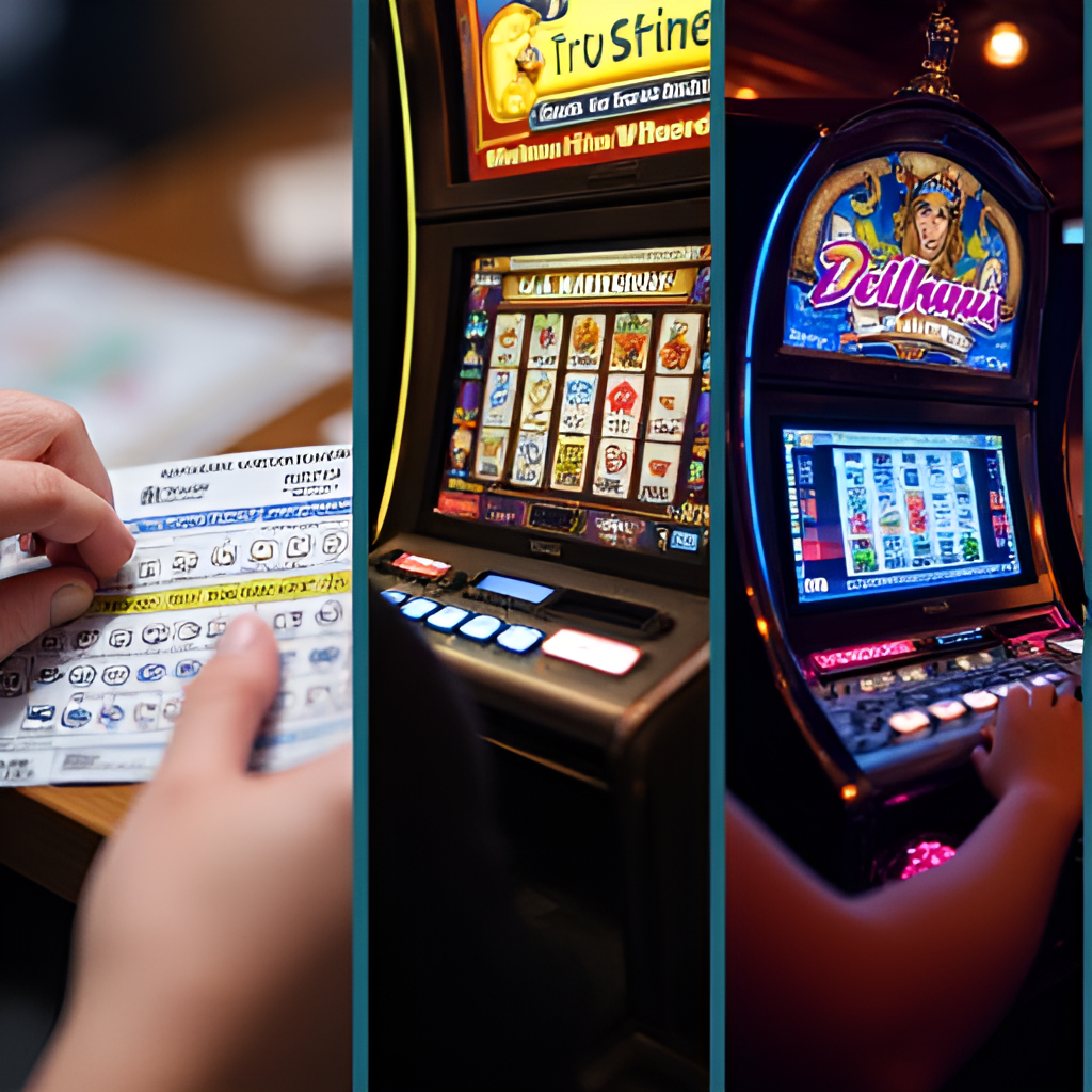 A collage image featuring various Veikkaus game types side-by-side: a person scratching a physical lottery ticket, someone playing a slot machine, and a screenshot of the online live casino with a Finnish dealer.