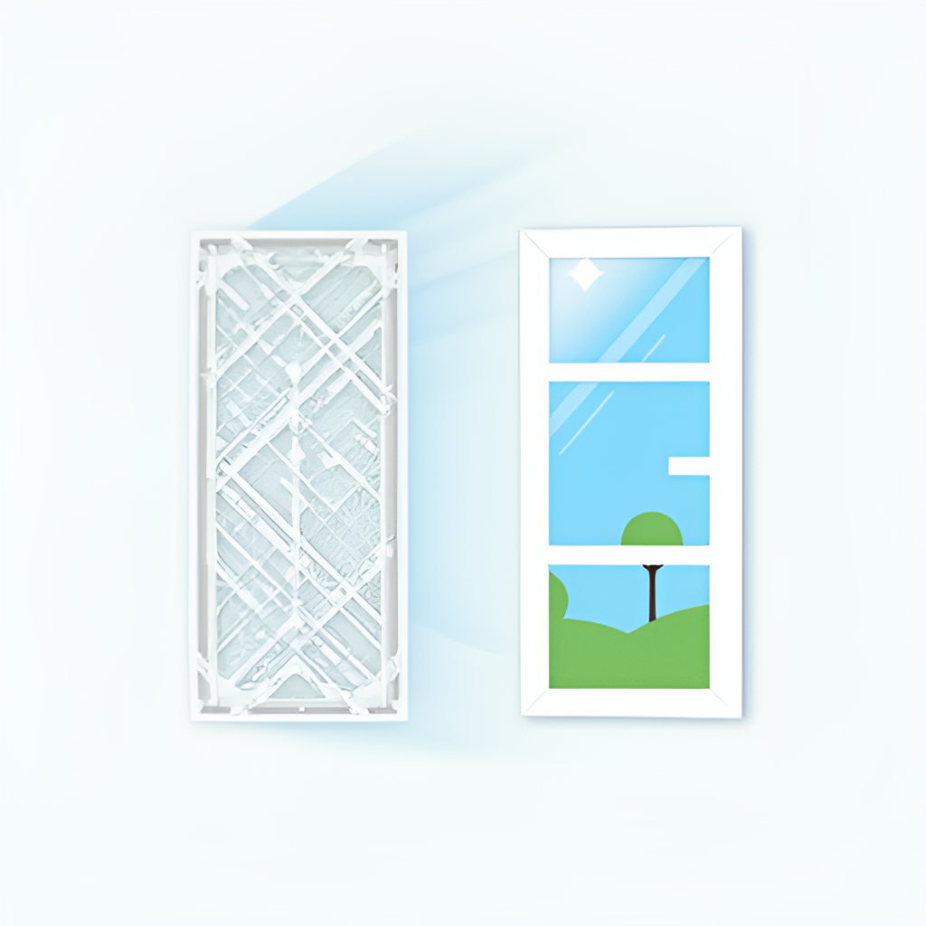 An illustration of a modern, well-maintained ventilation system filter alongside a window being opened briefly for fresh air, symbolizing different ways to improve indoor air quality.