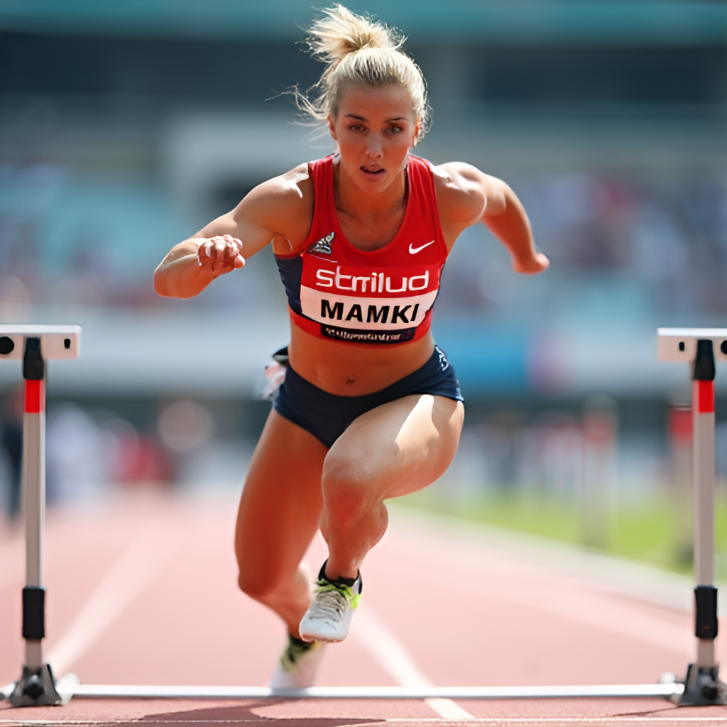 Dynamic action shot of a female hurdler clearing a hurdle on a track, showing focus and power, possibly with a blurred stadium background, representing Vilma Mäki's athleticism.