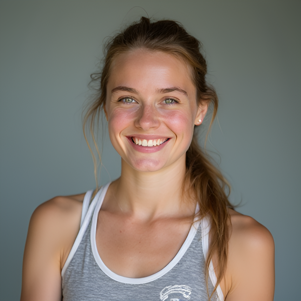 A more personal, perhaps slightly less formal portrait of a young female athlete smiling, conveying approachability and determination, suitable for representing Vilma Mäki outside of competition.