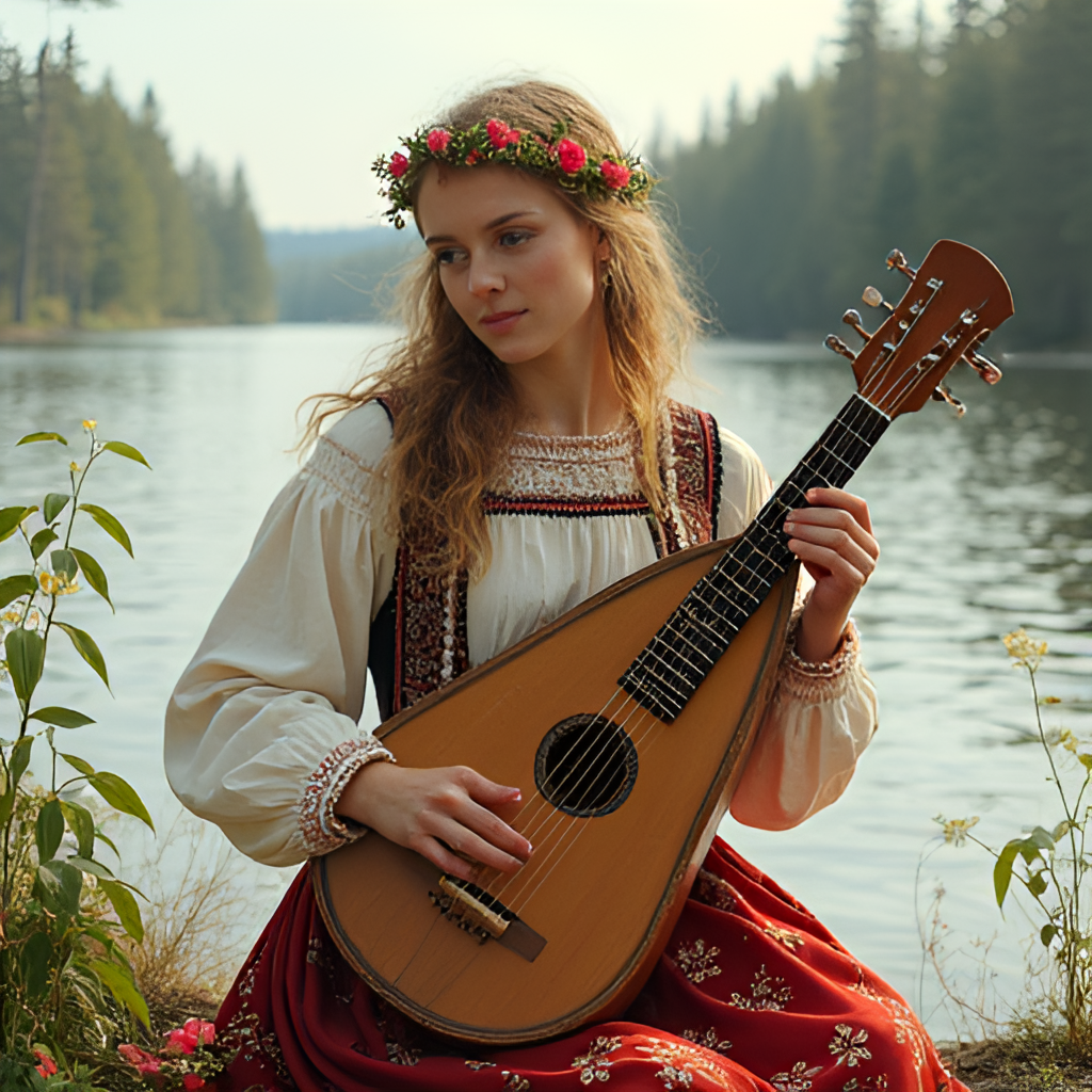 A realistic illustration of a kantele player in traditional Karelian costume, playing the instrument in a natural setting, perhaps by a lake or forest, evoking a sense of Finnish folk music heritage.
