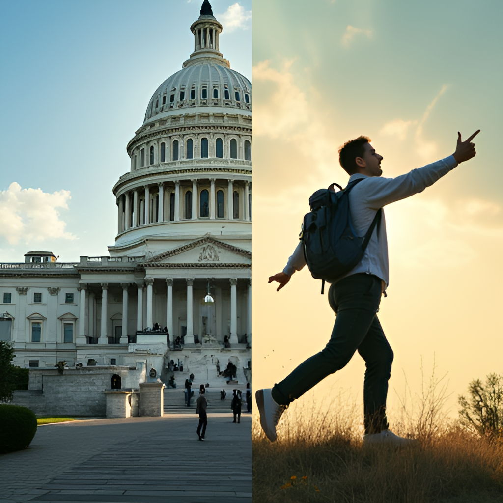 An image representing balance between work and personal life, perhaps a split image showing a political scene on one side and a person enjoying nature or a hobby on the other, symbolizing the life of a busy politician.