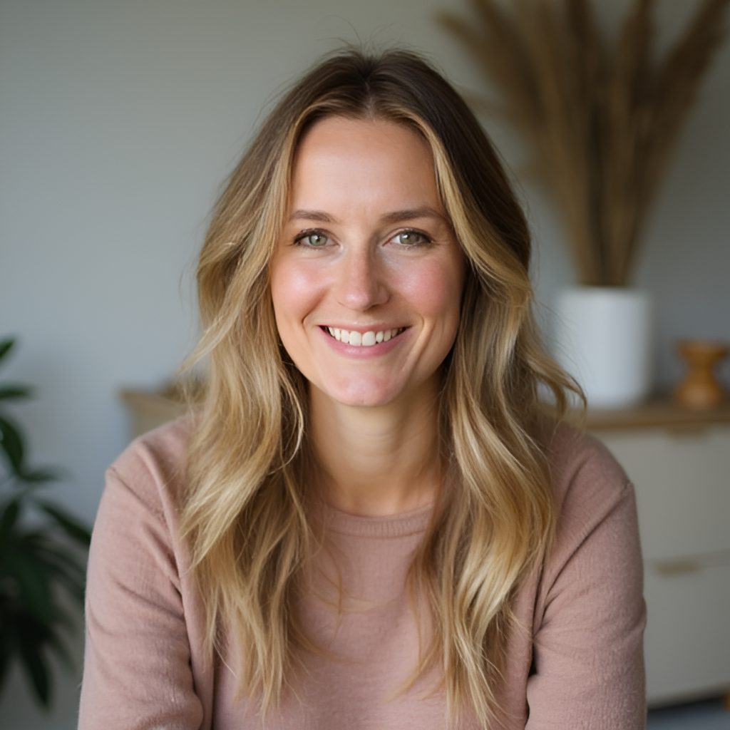 A portrait of Kaisa Merelä looking confident and approachable, perhaps in a setting that reflects her work, like a studio for a podcast or a calm space for a retreat, conveying authenticity and expertise.