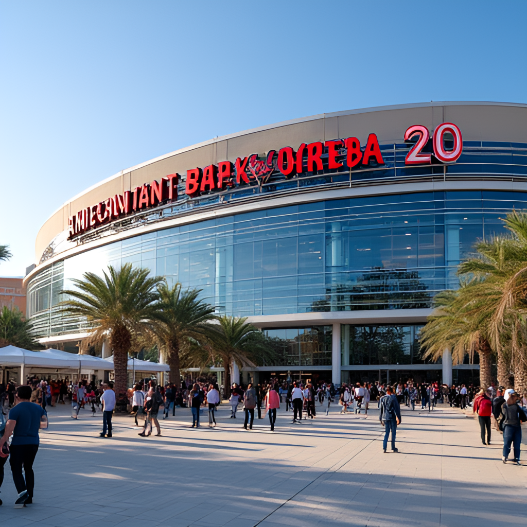 An exterior view of Amerant Bank Arena in Sunrise, Florida, home of the Florida Panthers, perhaps with fans entering the arena before a game. The image should show the scale and location of the arena.
