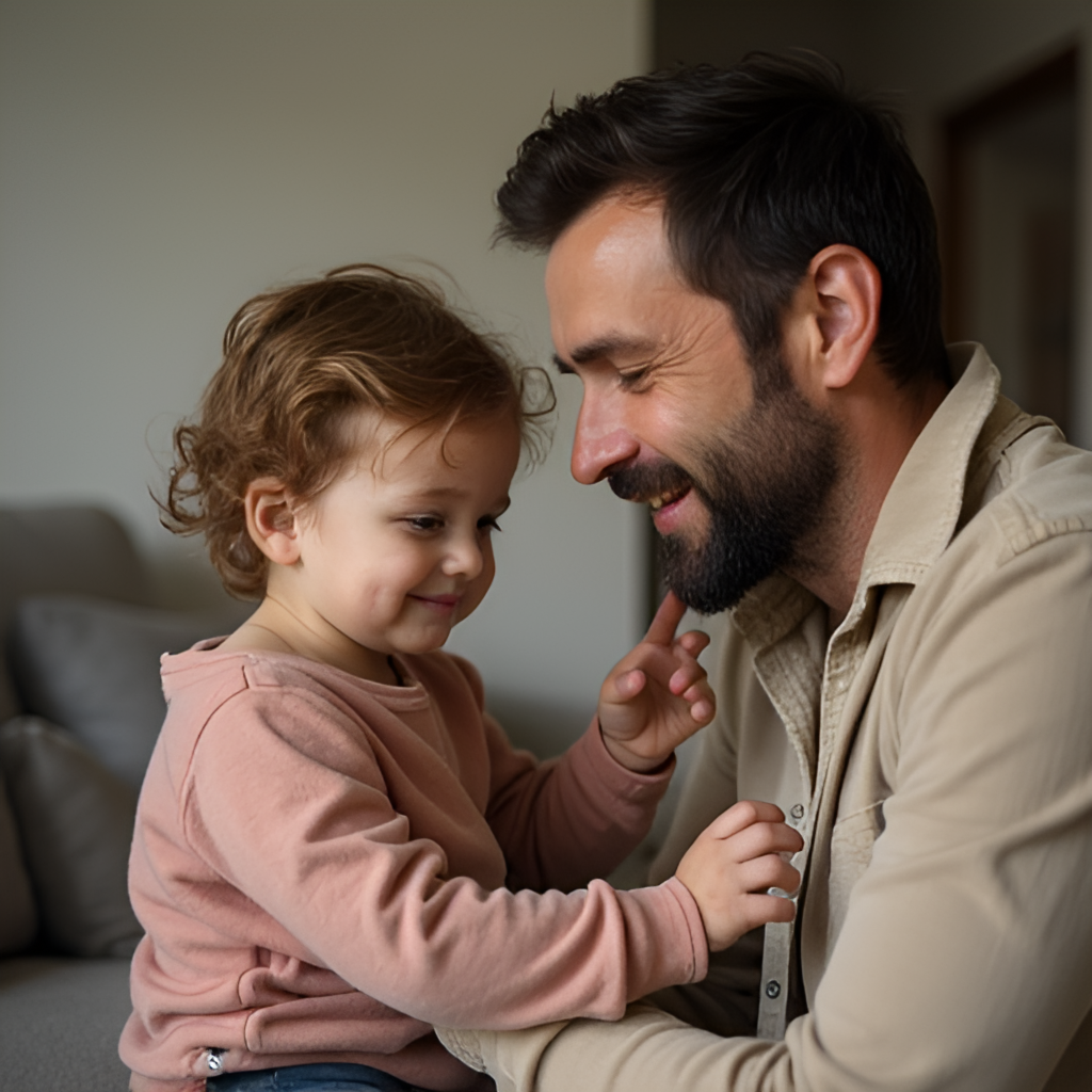 A heartwarming candid photo of Roni Back interacting with his young child, perhaps playing together, illustrating the personal side of his life as a father, maybe indoors in a living room setting.