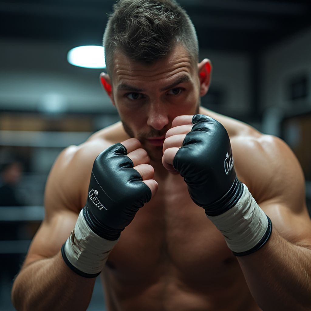 A close-up shot of a fighter's hands wrapped with tape, showing determination and focus in their eyes, with a blurry background of a training gym. Style: gritty, atmospheric, photographic.